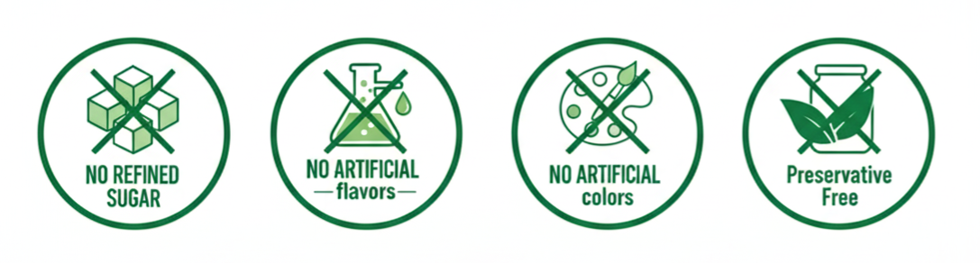 No Refined Sugar, No Artificial Flavors, No Artificial Colors, Preservative Free